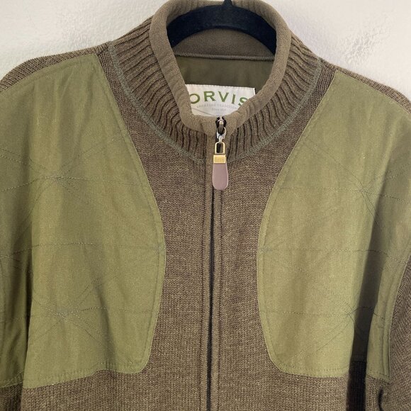 Orvis Mens Large Green Brown 100% Wool Full Zip Bomber Jacket - Picture 2 of 9